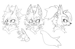 Size: 910x596 | Tagged: safe, artist:cawffeejelly, whisper the wolf, wolf, 2025, claws, ear fluff, eye clipping through hair, fangs, fingerless gloves, flat colors, headshot, line art, looking at viewer, looking offscreen, monochrome, neck fluff, pawpads, simple background, solo, tail fluff, tongue out, white background