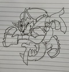 Size: 1962x2048 | Tagged: safe, artist:dunoyyyyyyy, whisper the wolf, 2025, adventure pose, claws, eyes closed, lined paper, mask, mask over one eye, monochrome, one fang, pointing, posing, sketch, smile, smiling at viewer, solo, traditional media