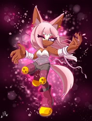 Size: 1565x2048 | Tagged: safe, artist:buddyhyped, whisper the wolf, 2025, cherry blossom petals, color swap, eye clipping through hair, looking at viewer, one eye closed, one fang, petal, petals, pink fur, signature, solo