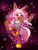 Size: 1565x2048 | Tagged: safe, artist:buddyhyped, whisper the wolf, wolf, 2025, abstract background, cherry blossom petals, color swap, eye clipping through hair, female, looking at viewer, one eye closed, one fang, petal, petals, pink fur, signature, solo