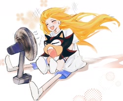 Size: 1848x1518 | Tagged: safe, artist:ani_mikoo, maria robotnik, shadow the hedgehog, human, 2025, duo, eyes closed, fan, holding them, making sounds into a fan, mouth open, open smile, sitting, smile, summer