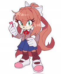 Size: 1706x2048 | Tagged: safe, artist:over_x6, dog, 2025, barely sonic related, blushing, cocker spaniel, crossover, doki doki literature club, hand on hip, heart, mobianified, monica (doki-doki), schoolgirl outfit, simple background, smile, smiling at viewer, solo, white background