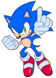 Size: 422x582 | Tagged: safe, artist:over_x6, sonic the hedgehog, 2025, clenched fist, flat colors, looking at viewer, mid-air, pointing, simple background, smile, smiling at viewer, solo, white background