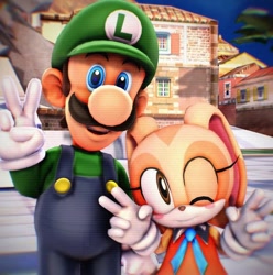 Size: 640x646 | Tagged: artist needed, safe, cream the rabbit, human, rabbit, 3d, best friends, blushing, crossover, delfino plaza, double v sign, duo, hanging out, looking at viewer, low res, luigi, male, peace sign, posing, selfie, super mario bros., super mario sunshine, v sign