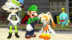 Size: 1920x1080 | Tagged: artist needed, safe, cheese (chao), cream the rabbit, chao, human, rabbit, 3d, creamabetes, crossover, cute, female, group, happy, humanoid, inkling, luigi, marie, marie (splatoon), new donk city, petting, splatoon, super mario bros., super mario odyssey
