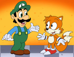 Size: 600x464 | Tagged: safe, artist:slysonic, miles "tails" prower, fox, human, adventures of sonic the hedgehog, 2023, classic tails, crossover, duo, flat colors, happy, luigi, male, show accurate, super mario bros. super show, tailabetes