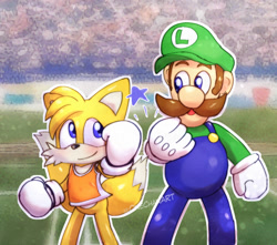 Size: 1051x930 | Tagged: safe, artist:onechanart, miles "tails" prower, fox, human, 2023, abstract background, crossover, duo, happy, luigi, male, mario & sonic at the olympic games, olympic games, outline, signature, smile, smiling at each other, sports wear, star (symbol)