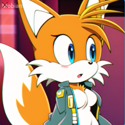 Size: 511x508 | Tagged: safe, ai art, artist:mobians.ai, miles "tails" prower, oc, oc:tailsko, 2023, abstract background, blushing, breasts, featureless breasts, gender swap, looking offscreen, missing limb, mouth open, prompter:elsiasus, solo