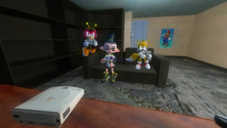 Size: 1280x720 | Tagged: safe, artist:undeadponysoldier, charmy bee, miles "tails" prower, bee, fox, human, 3d, best friends, competitive, controller, crossover, dreamcast, dreamcast controller, gmod, hanging out, humanoid, inkling, inkling boy, male, mario, playing videogame, poster, sega dreamcast, splatoon, trio