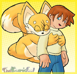 Size: 456x438 | Tagged: safe, artist:afrothicc720, chris thorndyke, miles "tails" prower, fox, human, chrisabetes, cute, flying, hug, hug from behind, hugging, hugging from behind, human male, male, sonic x, tailabetes