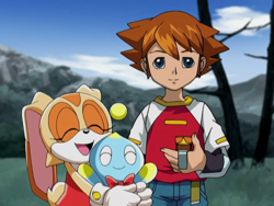 Size: 640x480 | Tagged: safe, cheese (chao), chris thorndyke, cream the rabbit, chao, human, rabbit, cheeseabetes, creamabetes, cute, female, happy, looking at viewer, male, screencap, trio