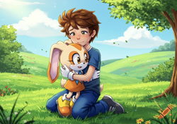 Size: 1065x750 | Tagged: safe, ai art, artist:mobians.ai, chris thorndyke, cream the rabbit, human, rabbit, chream, chrisabetes, creamabetes, hug, human on mobian snuggling, shipping, straight, tears of happiness, tree