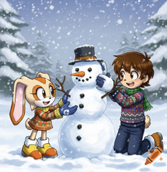 Size: 725x750 | Tagged: safe, ai art, artist:mobians.ai, chris thorndyke, human, rabbit, best friends, carrot, chrisabetes, clothes, creamabetes, female, gloves, hanging out, happy, male, scarf, snow, snowman, sweater, top hat, winter, winter outfit