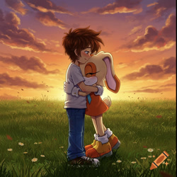 Size: 750x750 | Tagged: safe, ai art, artist:mobians.ai, chris thorndyke, cream the rabbit, human, rabbit, chream, chrisabetes, creamabetes, cute, female, happy, hug, male, shipping, straight, sunset