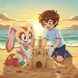 Size: 746x750 | Tagged: safe, ai art, artist:mobians.ai, chris thorndyke, cream the rabbit, human, rabbit, beach, best friend, best friends, bucket, chrisabetes, clothes, creamabetes, duo, gloves, hanging out, happy, ocean, sand, sandcastle, sunset, swimsuit