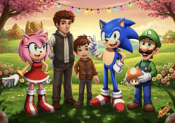 Size: 1065x750 | Tagged: safe, ai art, artist:mobians.ai, chris thorndyke, sonic the hedgehog, oc, hedgehog, human, crossover, female, happy, light, luigi, male, mushroom, power-up, super mario bros.
