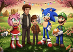 Size: 1065x750 | Tagged: safe, ai art, artist:mobians.ai, chris thorndyke, sonic the hedgehog, oc, hedgehog, human, crossover, female, happy, light, luigi, male, mushroom, power-up, super mario bros.