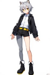 Size: 512x768 | Tagged: safe, ai art, oc, oc:somber the hedgehog, human, asymmetrical clothes, asymmetrical legwear, belt, boots, grey hair, humanized, jacket, male, shirt, shorts, single leg pantyhose, yellow eyes