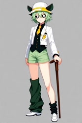 Size: 512x768 | Tagged: safe, ai art, clutch the opossum, human, asymmetrical clothes, asymmetrical legwear, black sclera, cane, green hair, hat, humanized, jacket, loafers, male, shirt, shorts, single leg warmer, single sock, tie, vest, white eyes