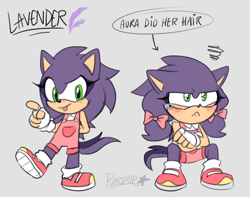 Size: 1524x1200 | Tagged: safe, artist:pukopop, oc, oc:lavender the hedgehog (pukopop), hedgehog, 2023, bow, character name, child, cute, english text, fankid, female, fingerless gloves, flat colors, freckles, frown, grey background, magical gay spawn, oc only, overalls, parent:shadow, parent:sonic, parents:sonadow, pink shoes, shoes, simple background, sitting, smile, socks, solo, solo female, standing, text, tongue out