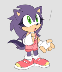 Size: 982x1148 | Tagged: safe, artist:pukopop, oc, oc:lavender the hedgehog (pukopop), hedgehog, 2023, child, clothes, cute, exclamation mark, eyelashes, fankid, female, fingerless gloves, flat colors, freckles, gloves, grey background, looking offscreen, mouth open, oc only, ocbetes, overalls, parent:shadow, parent:sonic, parents:sonadow, shoes, simple background, socks, solo, solo female, standing