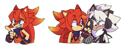 Size: 1488x588 | Tagged: safe, artist:sonictchi, oc, oc:killia the hedgehog, oc:lance the hedgehog, hedgehog, 2017, bust, clothes, duo, duo male, eyebrow clipping through hair, fingerless gloves, frown, gloves, male, males only, simple background, smile, sweatdrop, white background