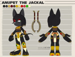Size: 2585x1950 | Tagged: safe, artist:windstarosprey, oc, oc:anupet the jackal, jackal, 2025, character name, clothes, female, lidded eyes, oc only, reference sheet, smile, solo, solo female, text