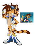Size: 731x960 | Tagged: safe, artist:cyclone62, sonic underground, 2023, boots, clothes, ear fluff, eyewear on head, fingerless gloves, flat colors, fur markings, gilet, gloves, goggles, goggles on head, hair, hand on hip, lidded eyes, male, mouth open, one fang, open smile, redesign, reference inset, simple background, smile, smiling at viewer, socks, solo, solo male, standing, stripes the tiger, tiger, white background
