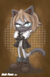 Size: 1080x1674 | Tagged: safe, artist:nonicpower, oc, oc:togami the siamese cat, cat, 2023, abstract background, arms folded, clothes, coat, frown, glasses, gloves, looking at viewer, oc only, shirt, shoes, siamese cat, signature, socks, solo