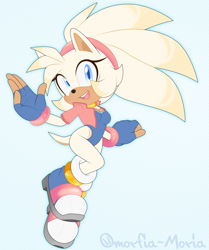 Size: 1506x1800 | Tagged: safe, artist:omorfia-moria, oc, tenrec, 2025, cleavage, clothes, female, fingerless gloves, gloves, headband, mid-air, mouth open, oc only, open smile, outline, shoes, signature, smile, smiling at viewer, socks, solo, solo female, waving, waving at viewer