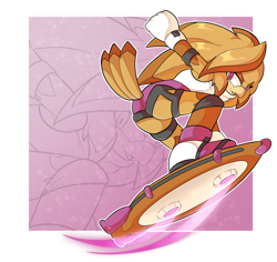 Size: 1280x1210 | Tagged: safe, artist:chaobucks, oc, oc:reef the seagull, bird, 2024, abstract background, clothes, echo background, extreme gear, female, gloves, hair, holding something, mouth open, open smile, outline, raised tail, seagull, shoes, smile, smiling at viewer, socks, solo, solo female