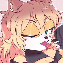 Size: 2048x2048 | Tagged: safe, artist:tinyniyo, oc, oc:faith the wolf, wolf, 2025, cleavage, ear fluff, eyebrow clipping through hair, eyebrows clipping through hair, eyelashes, female, food, gradient background, holding something, licking, lidded eyes, lollipop, looking at viewer, mouth open, oc only, one fang, outline, solo, solo female, star (symbol), tongue out