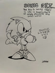 Size: 750x993 | Tagged: safe, artist:bonk, sonic the hedgehog, hedgehog, adventures of sonic the hedgehog, classic sonic, confident, dialogue, heart, male, motivation, solo, sonic says, talking, talking to viewer, traditional media