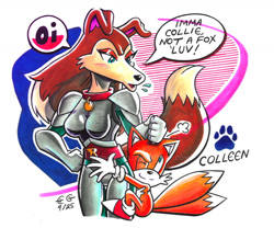 Size: 1280x1065 | Tagged: safe, artist:oldheaded, miles "tails" prower, fox, colleen (road rovers), collie, crossover, duo, female, male, road rovers