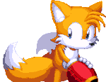 Size: 498x388 | Tagged: safe, miles "tails" prower, fox, animated, arm cannon, looking back, male, pixelated, solo, transparent background, wagging tail, weapon