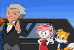 Size: 374x251 | Tagged: safe, amy rose, cheese (chao), chris thorndyke, cream the rabbit, miles "tails" prower, chao, fox, hedgehog, human, rabbit, camera, car, chuck thorndyke, clothes, dress, flashing, journalist, limosine, photographer, screencap, sonic x, taking picture, vehicle