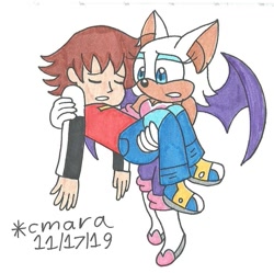 Size: 915x910 | Tagged: safe, artist:cmara, chris thorndyke, rouge the bat, bat, human, chrislove, concerned, flying, male, rescue, sonic x, worried
