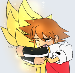 Size: 656x641 | Tagged: safe, artist:risziarts, chris thorndyke, sonic the hedgehog, super sonic, hedgehog, human, crying, emotional, hug, sad, scene interpretation, sonic x, super form, tears
