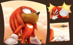 Size: 2674x1645 | Tagged: safe, artist:tylen0lxd, knuckles the echidna, echidna, abstract background, alternate eye color, angel island, anger vein, angry, beach, black eyes, clenched fist, clenched teeth, clouds, cross popping vein, dark skin, fire, frown, gliding, gloves, gradient background, island, lineless, looking at something, looking at viewer, looking offscreen, looking up, male, mountain, ocean, orange background, palm tree, pixel art, punching, red fur, sharp teeth, sky background, solo, spike, standing, water, white gloves