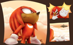 Size: 2674x1645 | Tagged: safe, artist:tylen0lxd, knuckles the echidna, echidna, abstract background, alternate eye color, angel island, anger vein, angry, beach, black eyes, clenched fist, clenched teeth, clouds, cross popping vein, dark skin, fire, frown, gliding, gloves, gradient background, island, lineless, looking at something, looking at viewer, looking offscreen, looking up, male, mountain, ocean, orange background, palm tree, pixel art, punching, red fur, sharp teeth, sky background, solo, spike, standing, water, white gloves