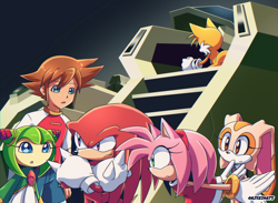 Size: 640x468 | Tagged: safe, artist:risziarts, amy rose, chris thorndyke, cosmo the seedrian, cream the rabbit, knuckles the echidna, miles "tails" prower, echidna, fox, hedgehog, human, rabbit, seedrian, female, group, male, scene interpretation, sonic x