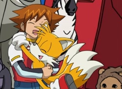 Size: 540x397 | Tagged: safe, chris thorndyke, miles "tails" prower, fox, human, best friends, chrisabetes, happy, hug, male, screencap, sonic x, tailabetes