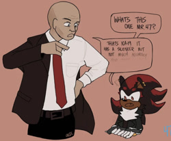 Size: 909x750 | Tagged: artist needed, safe, shadow the hedgehog, hedgehog, human, agent 47, crossover, dialogue, gun, hitman, male, pistol, silenced gun, silenced pistol, suit, weapon