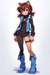 Size: 512x768 | Tagged: safe, ai art, sally acorn, human, asymmetrical clothes, asymmetrical legwear, blue eyes, boots, brown hair, female, humanized, single leg pantyhose, single sock, sweater, vest