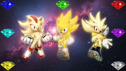 Size: 1920x1080 | Tagged: safe, artist:soniclover82, shadow the hedgehog, sonic the hedgehog, super shadow, super sonic, super form, super silver