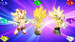 Size: 1192x670 | Tagged: safe, artist:soniclover82, shadow the hedgehog, sonic the hedgehog, super shadow, super sonic, super form, super silver