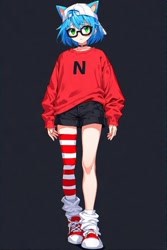 Size: 512x768 | Tagged: safe, ai art, nicky, human, asymmetrical clothes, asymmetrical legwear, backwards cap, baseball cap, blue hair, glasses, green eyes, humanized, loose socks, male, shorts, single thighhigh, sneakers, sweater