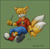 Size: 612x600 | Tagged: safe, artist:souldreamx, miles "tails" prower, fox, 2004, bracelet, clothes, holding something, male, pants, screw, shirt, simple background, sitting, tails logo, treads