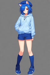 Size: 512x768 | Tagged: safe, ai art, oc, oc:felipe the hedgehog, human, blue hair, hair over one eye, hat, hoodie, humanized, kneehighs, male, red eyes, shoes, shorts