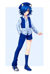Size: 512x768 | Tagged: safe, ai art, oc, oc:felipe the hedgehog, human, asymmetrical clothes, asymmetrical legwear, blue hair, hair over one eye, hat, humanized, male, red eyes, shirt, shoes, shorts, single kneehigh, single pantsleg, vest